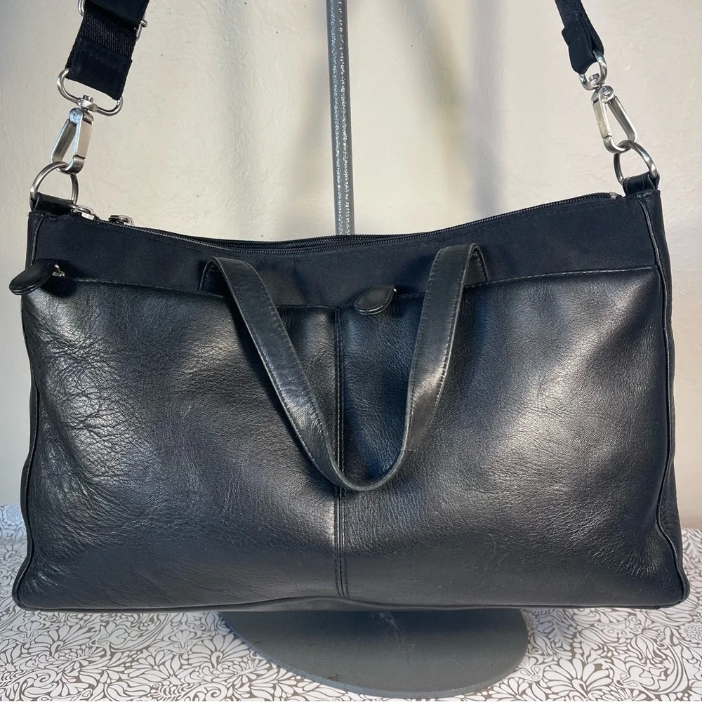 HOBO Black Leather & Nylon Messenger Bag Adjustable Crossbody Shoulder Bag